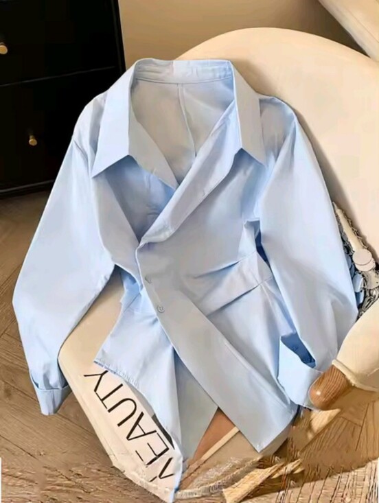 Tops - Designer Irregular Long sleeve Polo Shirt Women Tunic White Elegant Basic Top